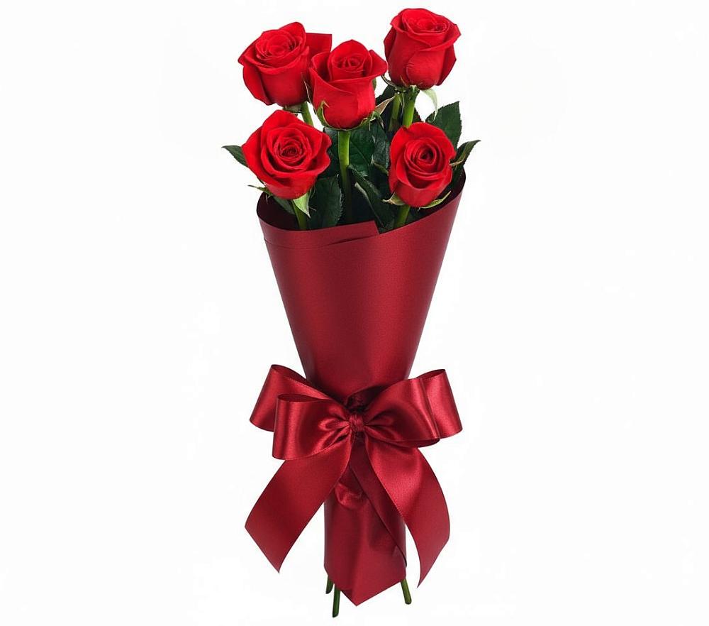 Букет 5 Красных роз Эдлесс Лав в Голубое