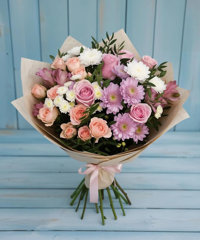 Букет цветов из: Хризантемы, Розы и Альстромерии в Голубое