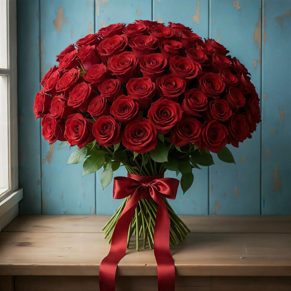 Букет Красные розы Блэк Меджик в Голубое