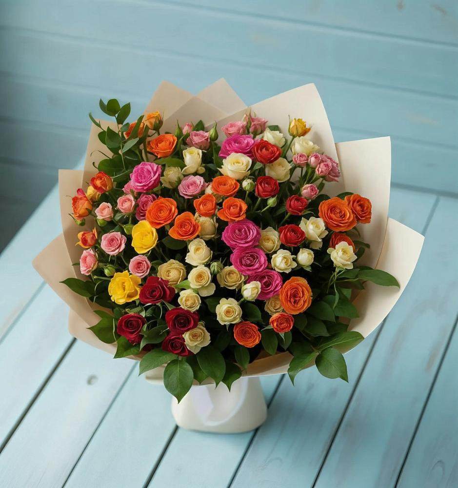 Букет Микс из разноцветных кустовых роз в Голубое