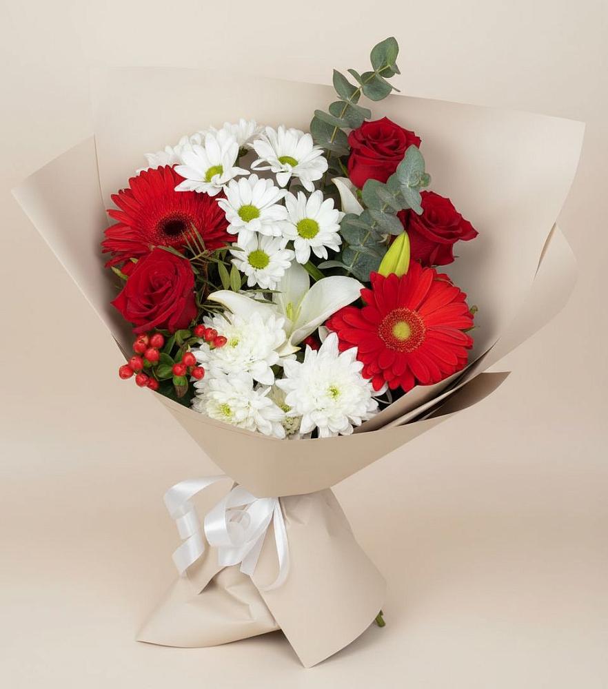 Букет цветов из: Розы, Хризантемы, Герберы и Лилии в Голубое