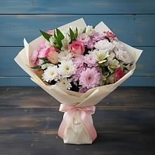 Букет цветов из:  Хризантемы, Альстромерии и Розы #REPLACE_PRED# Голубое