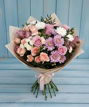 Букет цветов из:  Хризантемы, Розы и Альстромерии в Голубое