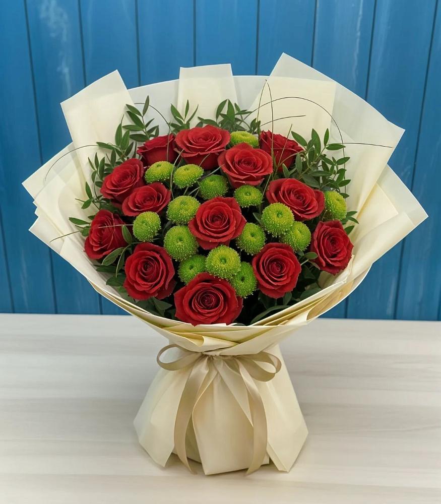 Букет цветов из: Розы и Хризантемы в Голубое