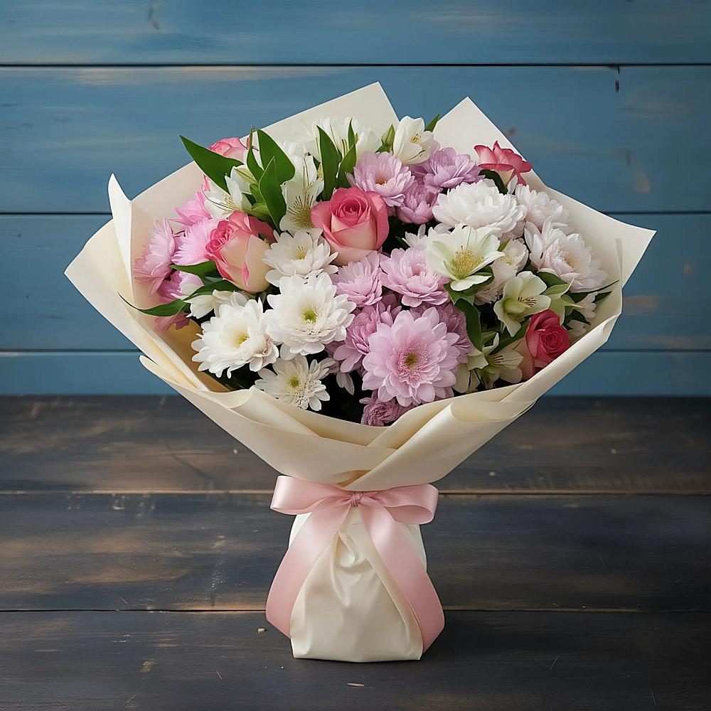 Букет цветов из: Хризантемы, Альстромерии и Розы в Голубое